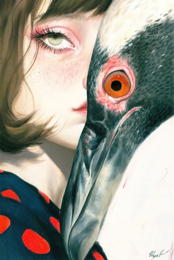 Anastasia Shugaeva (Ukraine,20/21C) oil painting: ARTIST: Anastasia Shugaeva (Ukrainian, 20/21 centuries) TITLE: Portrait of Girl with Bird MEDIUM: oil on heavy paper CONDITION: Very good. No visible inpaint under UV light.