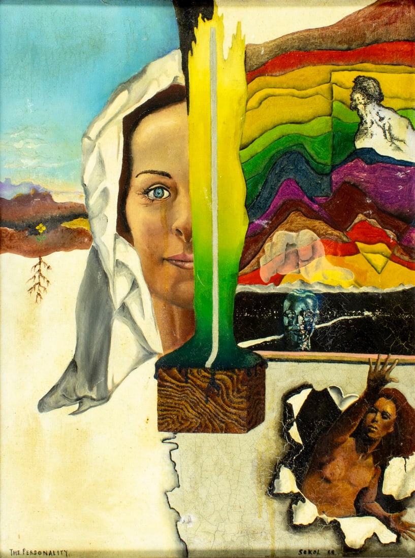 Sokol (US,mid 20C) oil painting: ARTIST: Sokol (American, mid 20 century) TITLE: The Personality YEAR: 1968 MEDIUM: oil on canvas CONDITION: One small patch. Some scratches/paint losses.