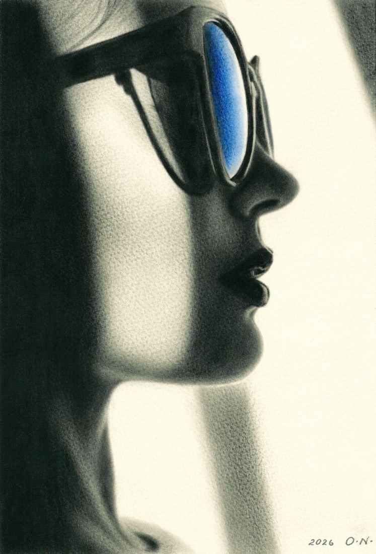 Olga Novostavskaya (Ukraine,b 1967) dry brush oil painting: ARTIST: Olga Novostavskaya (Ukrainian, born 1967) TITLE: Portrait of Woman with Sunglasses MEDIUM: dry brush oil on heavy paper CONDITION: Very good. ART SIZE: