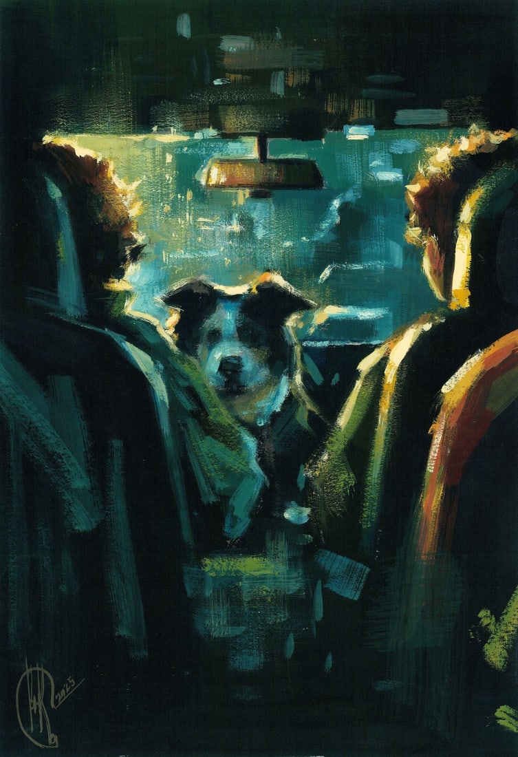 Ivanna Kotulych (Ukraine,20/21C) acrylic painting: ARTIST: Ivanna Kotulych (Ukrainian, 20/21 centuries) TITLE: People and Dog in Car MEDIUM: acrylic on heavy paper CONDITION: Very good. ART SIZE: 12 x 8 i