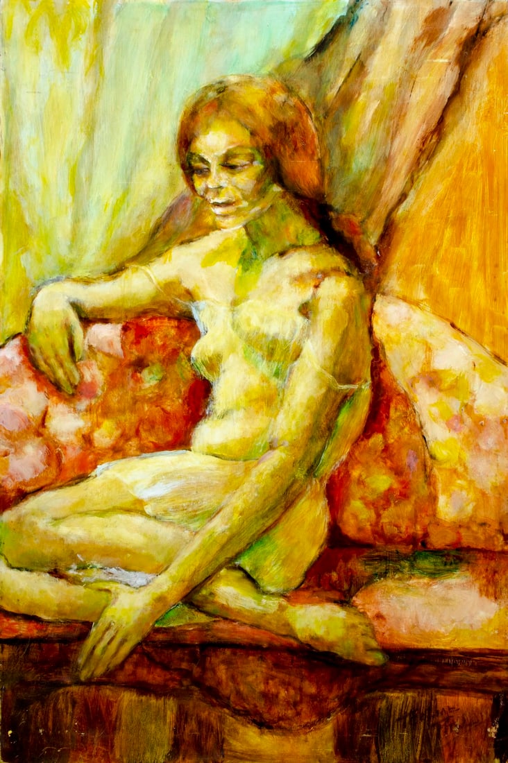 Thelma Thal (NY,1903-2001) oil painting: ARTIST: Thelma Thal (New York, 1903 - 2001) TITLE: Seated Woman MEDIUM: oil on board CONDITION: Few small scratches/paint losses. No visible inpaint under UV light.