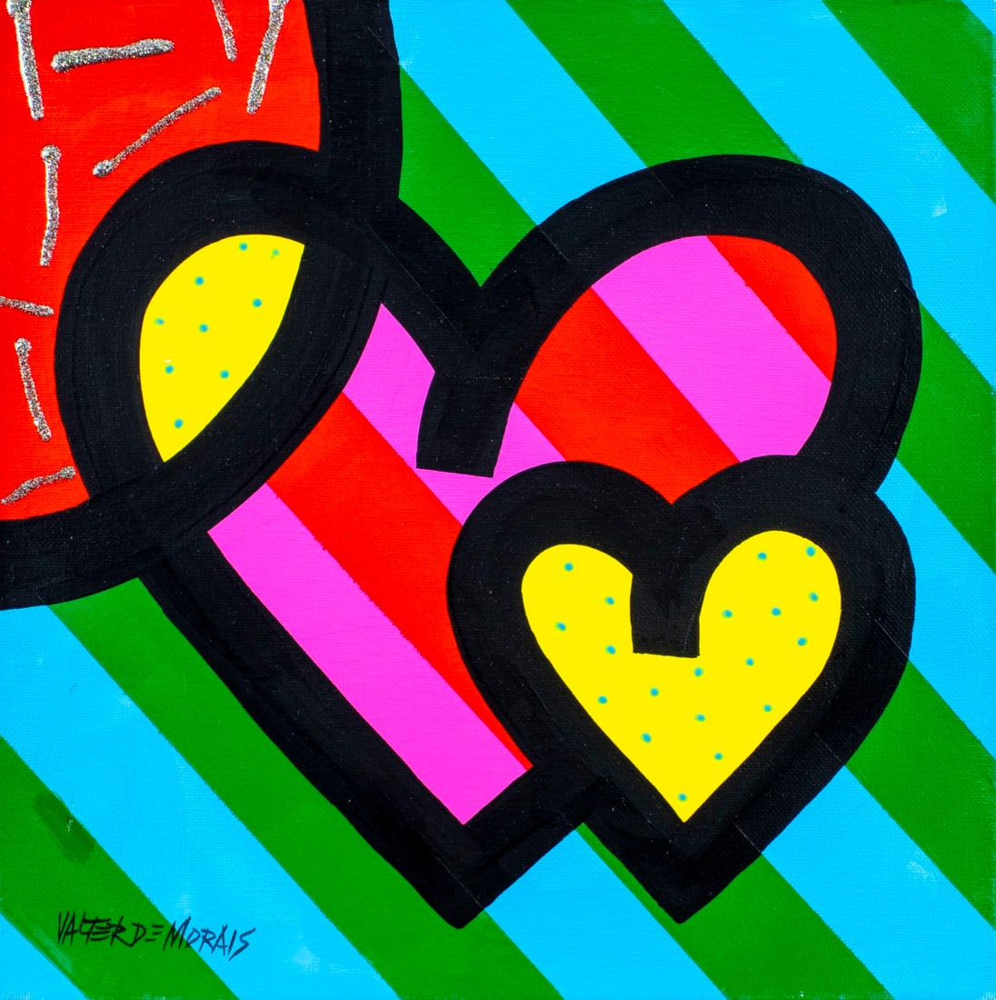 Valter de Morais (FL,Brazil,b 1948) acrylic painting: ARTIST: Valter de Morais (Florida,Brazilian, born 1948) TITLE: Hearts MEDIUM: acrylic on canvas CONDITION: Few minor paint losses. One small inpainting (1" x 1 1/2" long). <