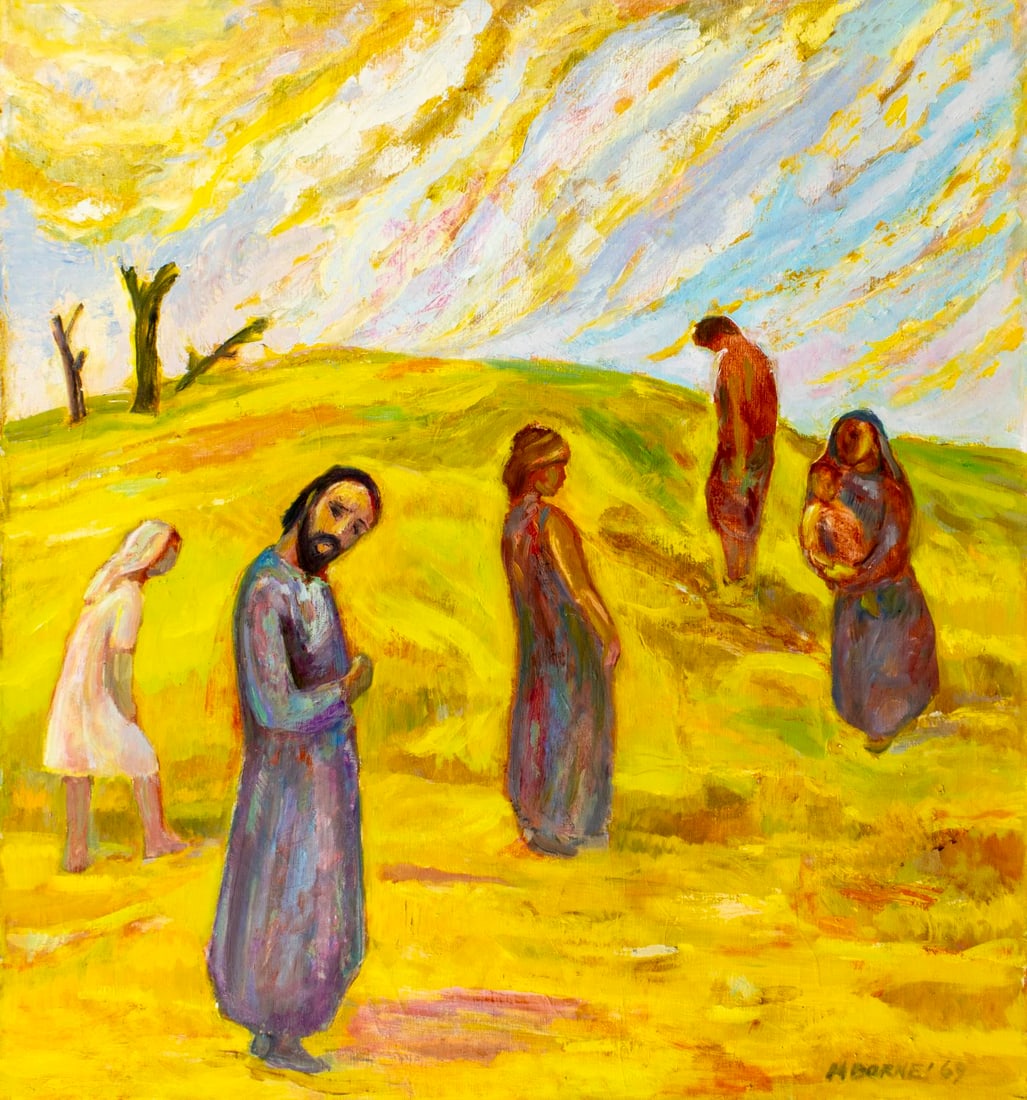 Mortimer Borne (NY,Poland,1902-1987) oil painting: ARTIST: Mortimer Borne (New York, Polish, 1902 - 1987) TITLE: Figures on a Mountain Top (titled on stretcher) YEAR: 1969 MEDIUM: oil on canvas CONDITION: