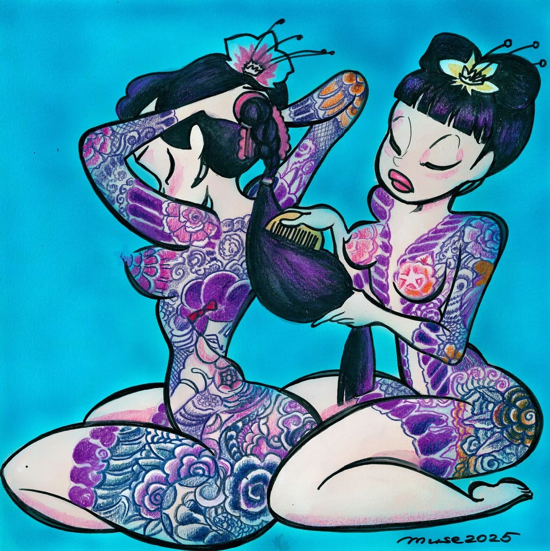 Olga Dolgikova (Ukraine,b 1967) acrylic painting: ARTIST: Olga Dolgikova (Ukrainian, born 1967) TITLE: Two Asian Women MEDIUM: acrylic on heavy paper CONDITION: Very good. ART SIZE: 11 x 11 inches / 27 x