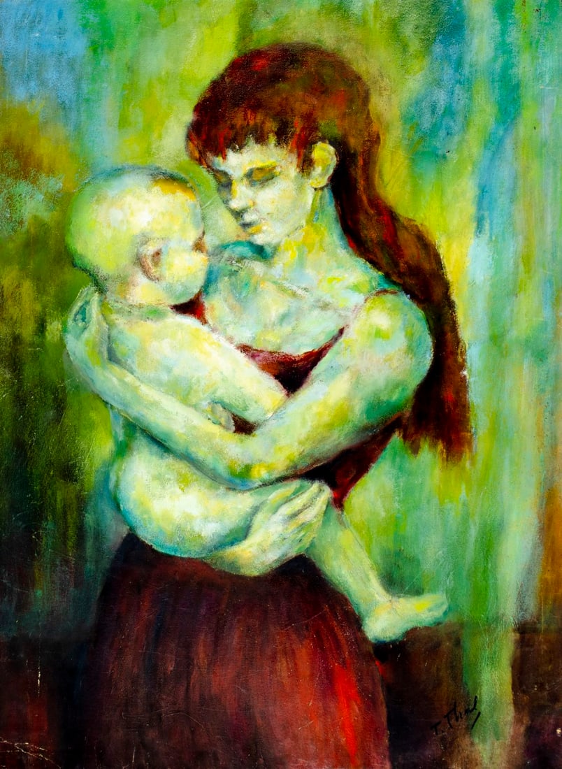 Thelma Thal (NY,1903-2001) oil painting: ARTIST: Thelma Thal (New York, 1903 - 2001) TITLE: Mother and Child MEDIUM: oil on board CONDITION: Some damages to corners. Some small scratches/paint losses. No visible
