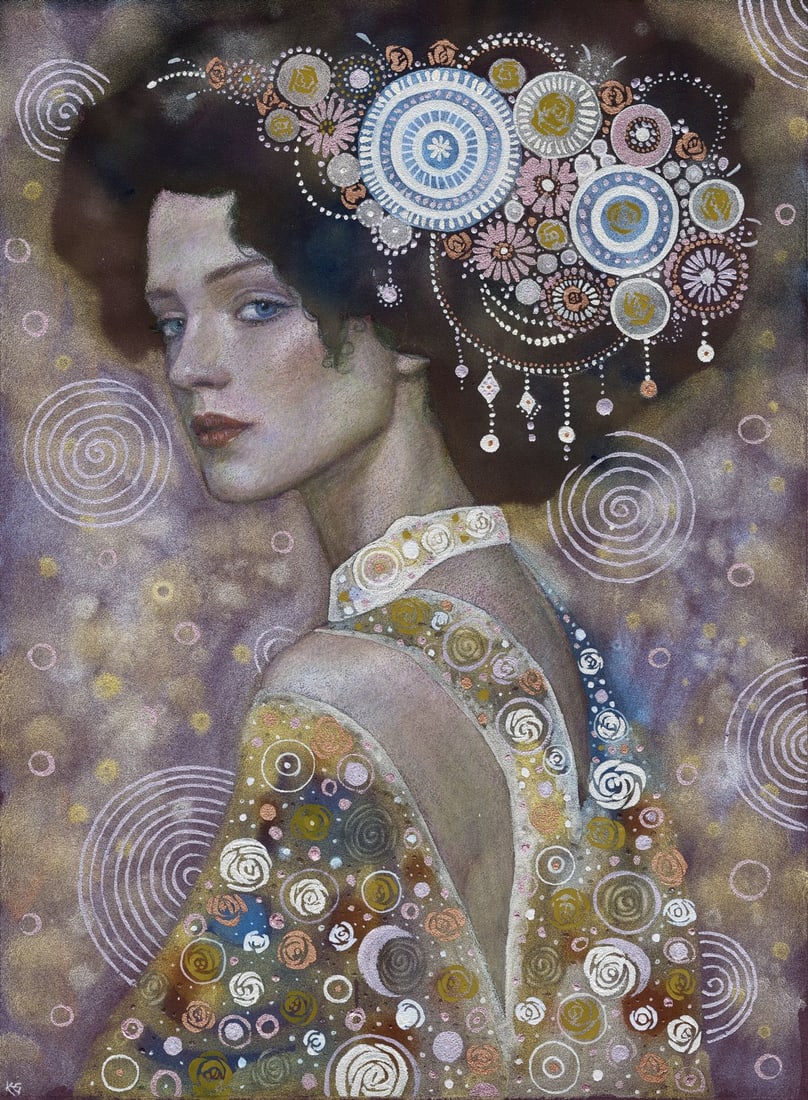Katerina Grigorenko (Ukraine,b 1999) mixed media painting: ARTIST: Katerina Grigorenko (Ukrainian, born 1999) TITLE: Portrait of Woman with Headdress MEDIUM: mixed media on heavy paper CONDITION: Very good. ART SIZE: