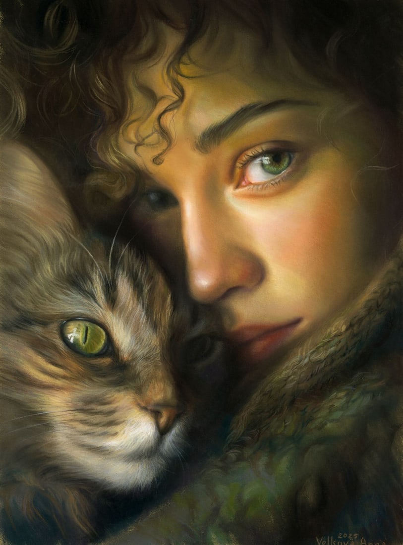 Anna Volkova (Ukraine,20/21C) pastel painting: ARTIST: Anna Volkova (Ukraine, 20/21 centuries) TITLE: Woman with Cat MEDIUM: pastel on heavy paper CONDITION: Very good. ART SIZE: 16 x 12 inches / 41 x