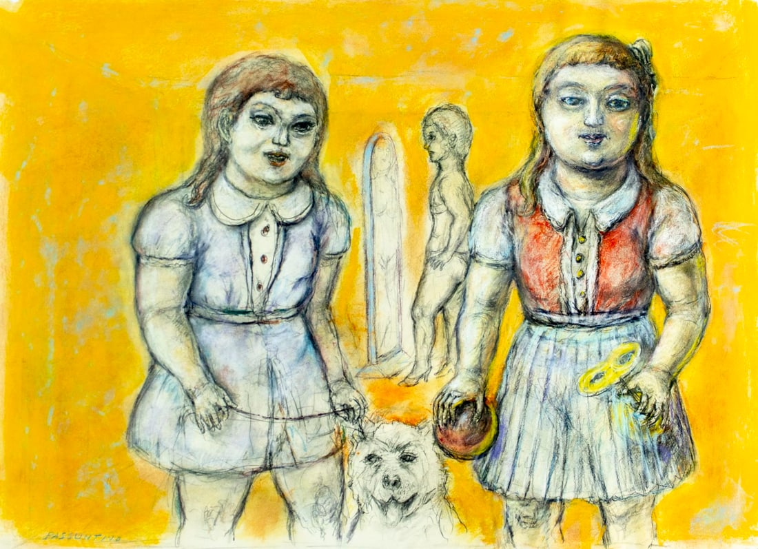 Peter Passuntino (IL,France,1936-?) mixed media painting: ARTIST: Peter Zaccaria Passuntino (Illinois, French, 1936 - ???) TITLE: Two Girls with Dog MEDIUM: mixed media on heavy paper CONDITION: Damage to the upper left corner.
