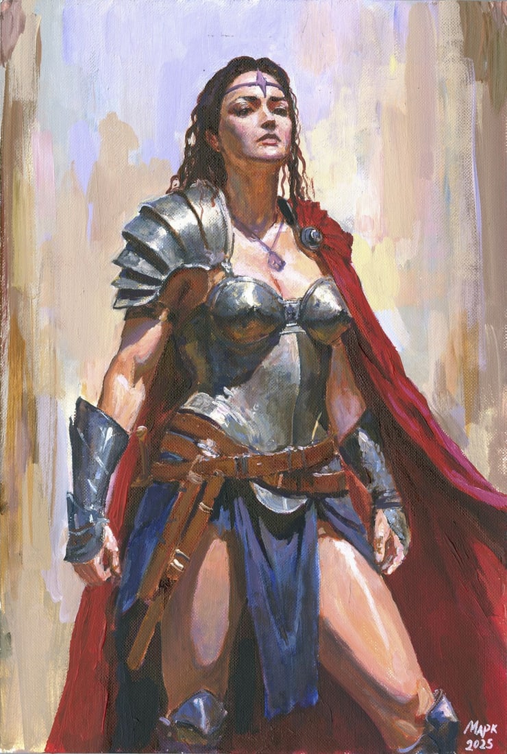 Mark Zybkin (Ukraine,20/21C) oil painting: ARTIST: Mark Zybkin (Ukrainian, 20/21 centuries) TITLE: Warrior Woman MEDIUM: oil on heavy paper CONDITION: Very good. No visible inpaint under UV light. ART SIZE