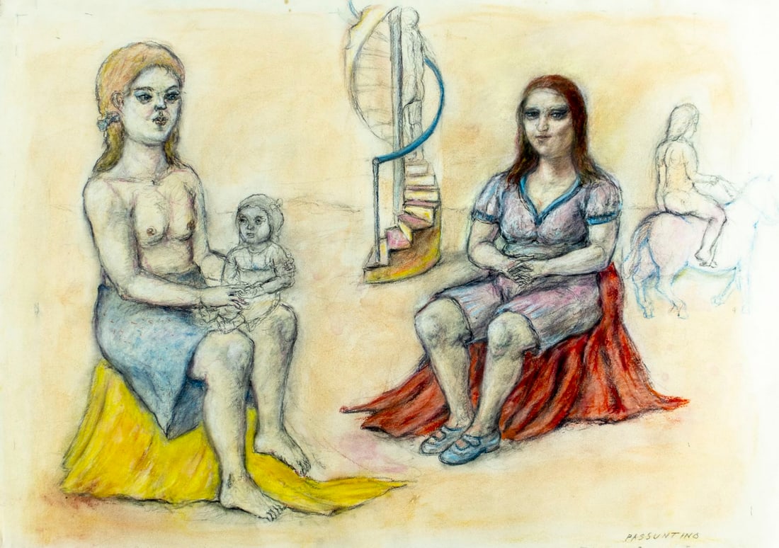 Peter Passuntino (IL,France,1936-?) mixed media painting: ARTIST: Peter Zaccaria Passuntino (Illinois, French, 1936 - ???) TITLE: Surreral Scene with Women and Baby MEDIUM: mixed media on heavy paper CONDITION: Some tears to the