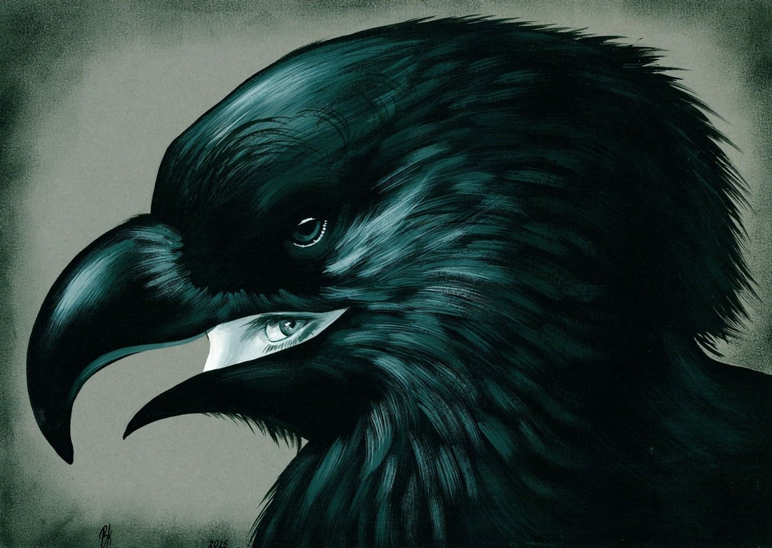 Kateryna Vitrenko (Ukraine,b 2003) acrylic painting: ARTIST: Kateryna Vitrenko (Ukrainian, born 2003) TITLE: Raven Woman MEDIUM: acrylic on heavy paper CONDITION: Very good. ART SIZE: 8 x 12 inches / 20 x 3