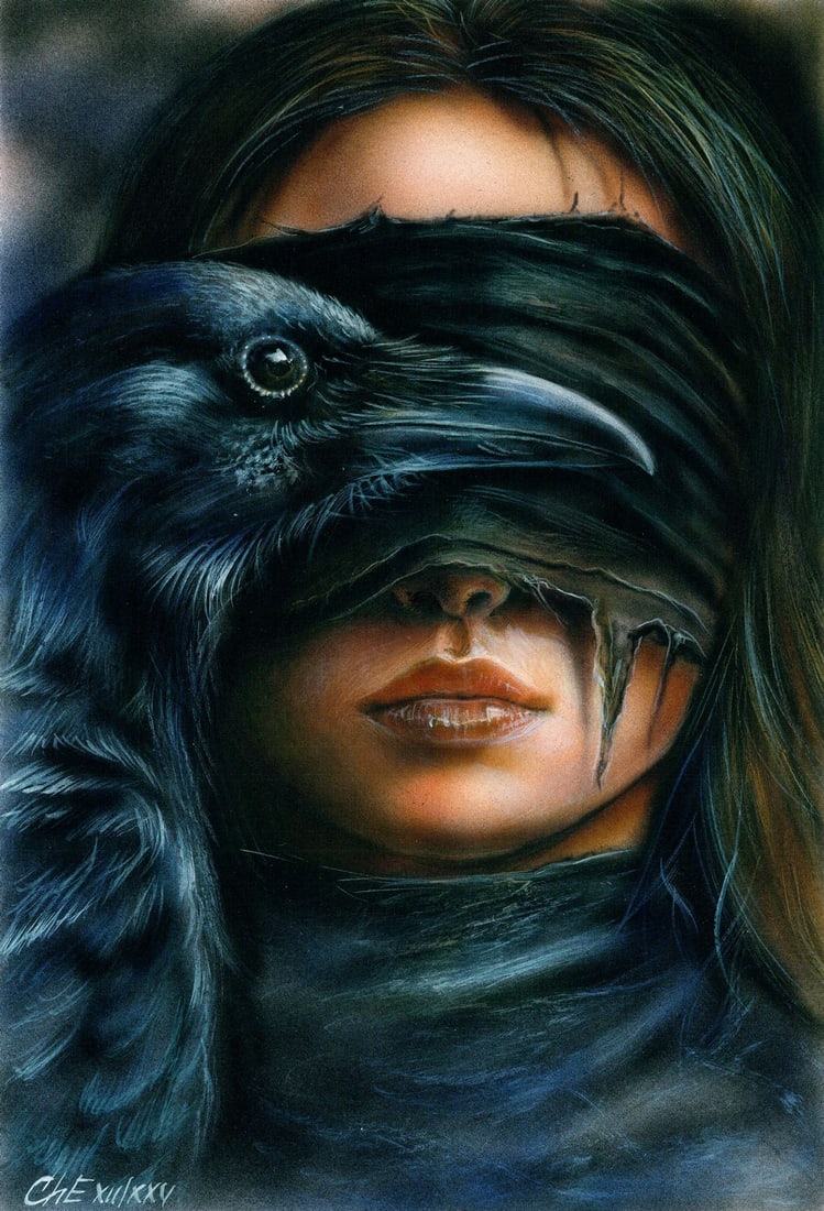 Evgeniy Chunikhin (Ukraine,b 1976) acrylic painting: ARTIST: Evgeniy Chunikhin (Ukrainian, born 1976) TITLE: Woman and Raven MEDIUM: acrylic on heavy paper CONDITION: Very good. ART SIZE: 12 x 8 inches / 30