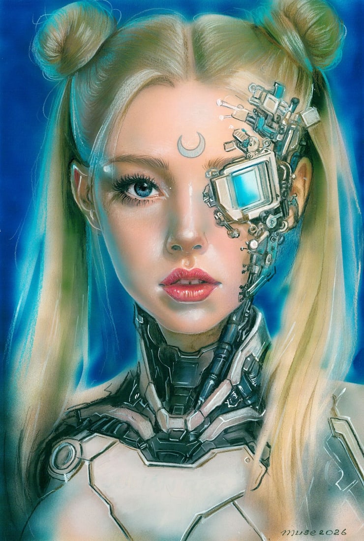 Olga Dolgikova (Ukraine,b 1967) acrylic painting: ARTIST: Olga Dolgikova (Ukrainian, born 1967) TITLE: Portrait of Cyber Woman MEDIUM: acrylic on heavy paper CONDITION: Very good. ART SIZE: 17 x 12 inche