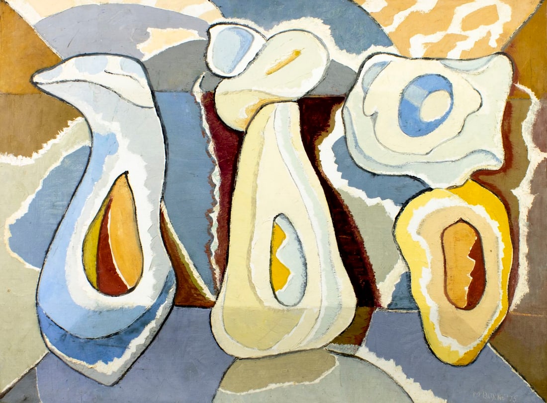 Mortimer Borne (NY,Poland,1902-1987) oil painting 3D: ARTIST: Mortimer Borne (New York, Polish, 1902 - 1987) TITLE: Stones from Herzelia (titled on verso) YEAR: 1975 MEDIUM: oil on canvas. Canvas applied to board. CO