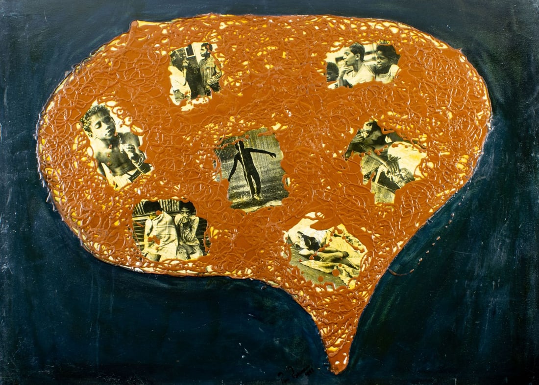 Pios Rodaman (FL,Brazil,b 1953) mixed media painting: ARTIST: Pios Rodaman (Florida, Brazilian, born 1953) TITLE: Children - Reality and Dream (titled on verso) YEAR: 1997 MEDIUM: mixed media on canvas. Canvas applied to board.
