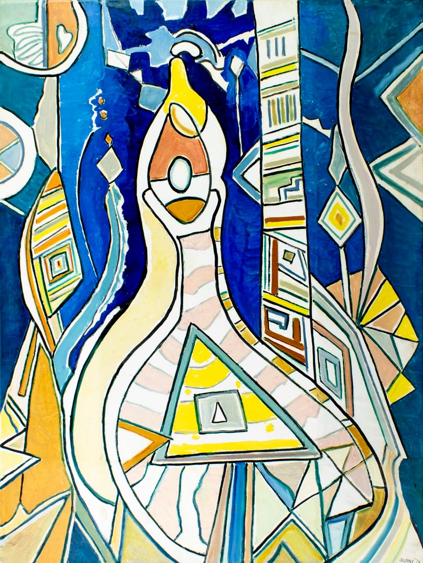 Mortimer Borne (NY,Poland,1902-1987) oil painting 3D: ARTIST: Mortimer Borne (New York, Polish, 1902 - 1987) TITLE: Abstract Composition YEAR: 1976 MEDIUM: oil on canvas CONDITION: Some small scratches/paint