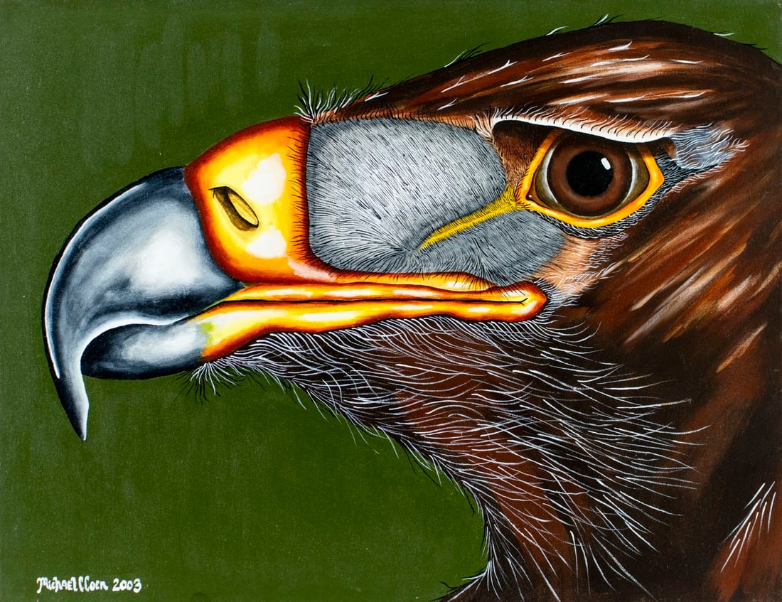 Michael C Coen (US,20/21C) oil painting: ARTIST: Michael C Coen (American, 20/21 centuries) TITLE: Eagle YEAR: 2003 MEDIUM: oil on canvas CONDITION: Missing a few flakes of paint. No visible inp