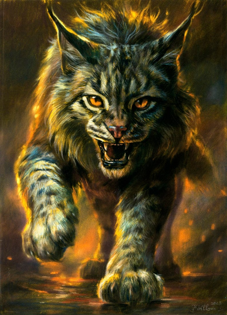 Julia Kirillova (Ukraine,b 1991) pastel painting: ARTIST: Julia Kirillova (Ukraine, born 1991) TITLE: Lynx MEDIUM: pastel on heavy paper CONDITION: Very good. ART SIZE: 12 x 8 inches / 30 x 20 cm
