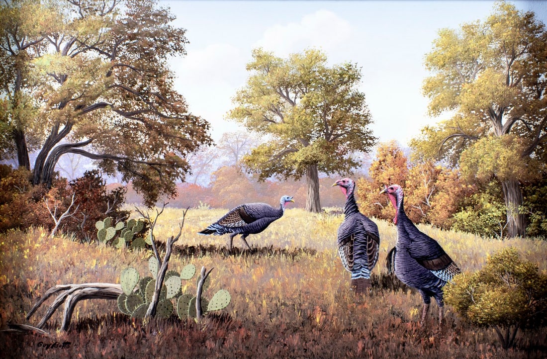 Guy Botto (TX,1920-1989) oil painting: ARTIST: Guy Botto (Texas, 1920 - 1989) TITLE: Turkeys in Hill Country MEDIUM: oil on canvas CONDITION: Very minor craquelure. No visible inpaint under UV light. Wear to f