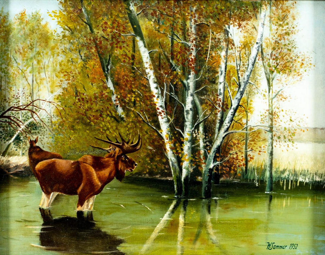 W Sammer (US,mid 20C) oil painting: ARTIST: W Sammer (American, mid 20 century) TITLE: Autumn Landscape with Moose YEAR: 1952 MEDIUM: oil on board CONDITION: Overall good. No visible inpain