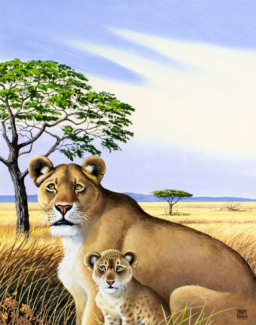 Chuck Ripper (WV,PA,1929-2019) gouache painting: ARTIST: Chuck Ripper (West Virginia, Pennsylvania, 1929 - 2019) TITLE: Lioness with Cub, New Zeland (titled on verso) YEAR: 1995 MEDIUM: gouache on board CONDIT