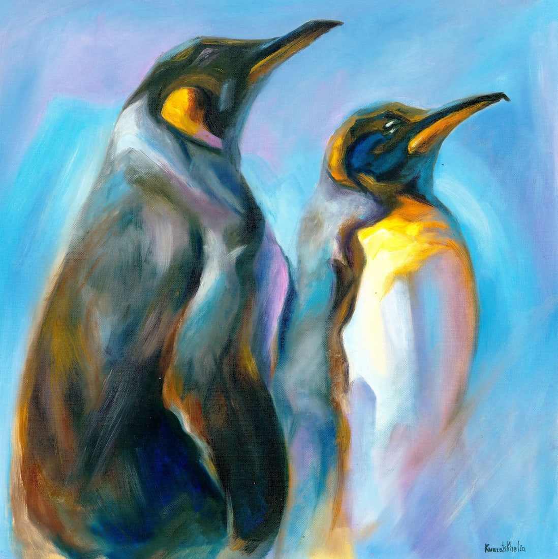 Alina Kvaratshelia (Ukraine,20/21C) oil painting: ARTIST: Alina Kvaratshelia (Ukrainian, 20/21 centuries) TITLE: Two Penguins MEDIUM: oil on heavy paper CONDITION: Very good. No visible inpaint under UV light. AR