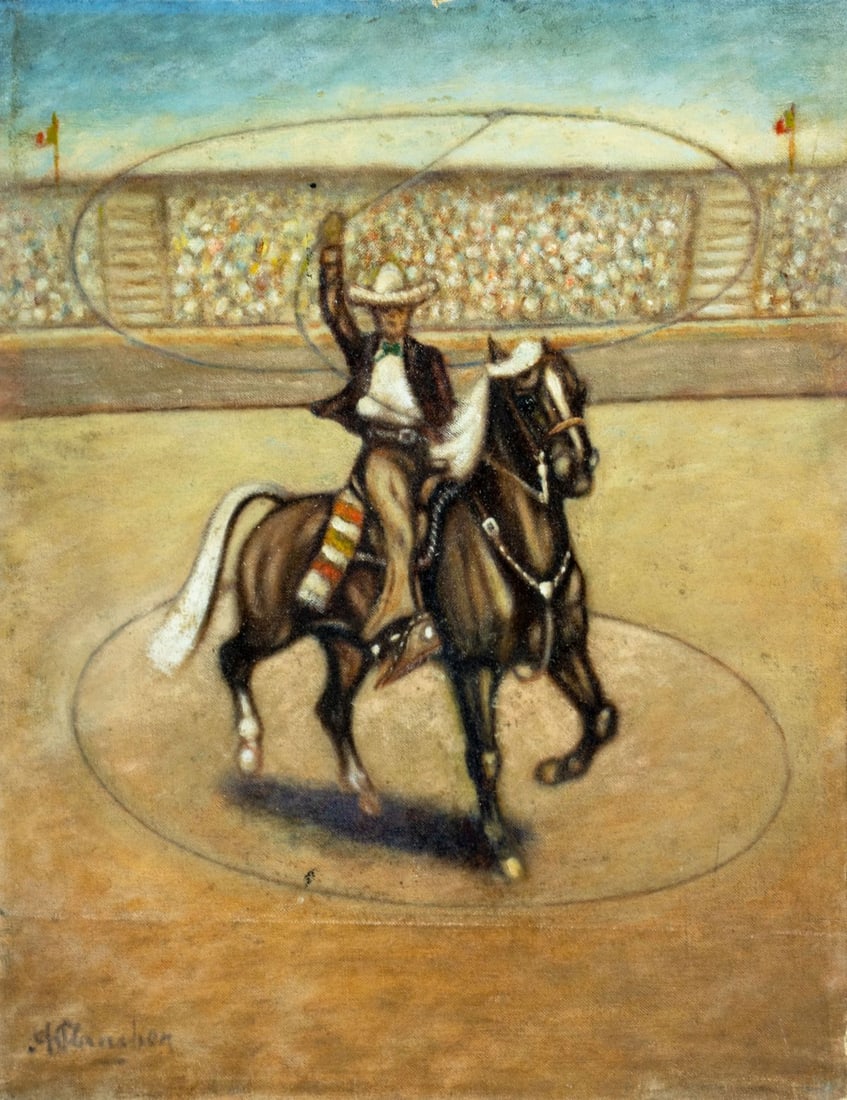 Arnold Plancher (NY,mid 20C) oil painting: ARTIST: Arnold Plancher (New York, mid 20 century) TITLE: Cowboy on Horse MEDIUM: oil on canvas board CONDITION: Some small damages to the lower corner of canvas and the up