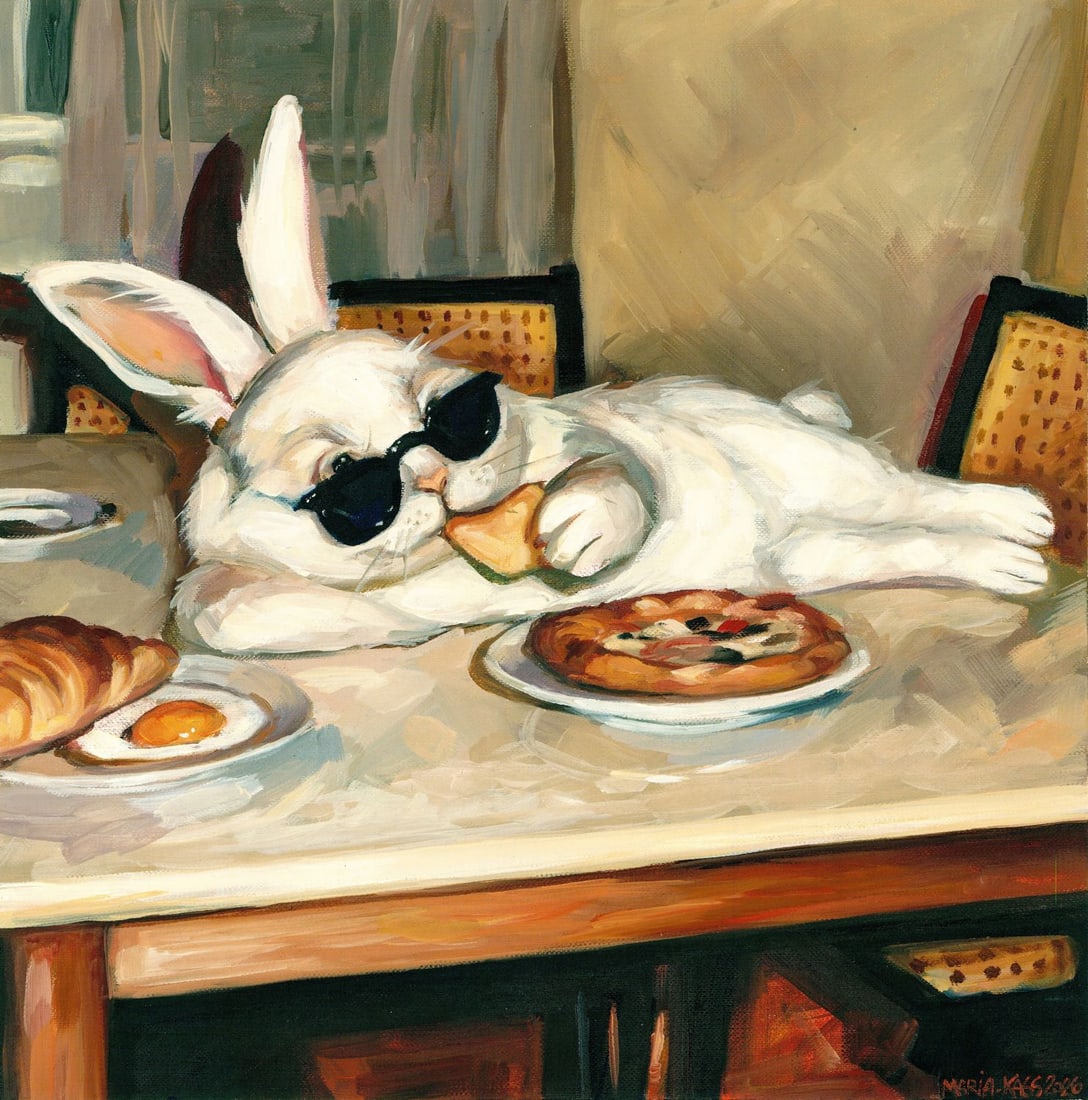 Maria Kasatkina (Ukraine,b 2003) oil painting: ARTIST: Maria Kasatkina (Ukrainian, born 2003) TITLE: Rabbit with Pizza and Sunglasses MEDIUM: oil on heavy paper CONDITION: Very good. No visible inpaint under UV light.
