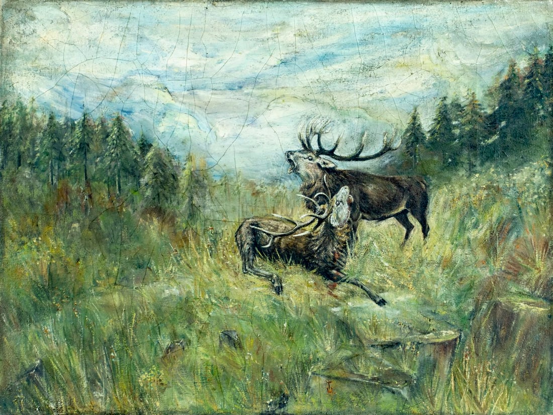 Antique early 20C American oil painting signed: ARTIST: - (American, early 20 century) TITLE: Forest Landscape with Elks MEDIUM: oil on canvas CONDITION: Few minor paint losses. Some craquelure. No visible inpaint under