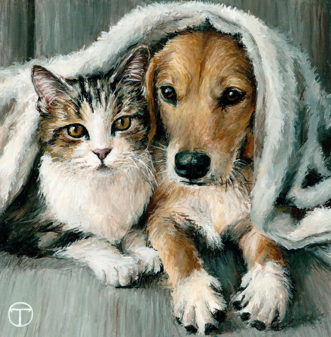 Olia Tomkova (Ukraine,20/21C) acrylic painting: ARTIST: Olia Tomkova (Ukrainian, 20/21 centuries) TITLE: Cat and Dog Under Blanket MEDIUM: acrylic on board CONDITION: Very good. ART SIZE: 8 x 8 inches