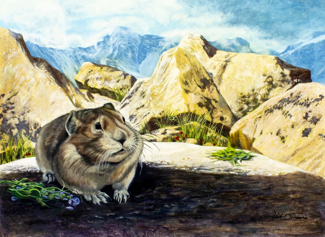 Kirk Stirnweis (NH,CO,b 1967) oil painting: ARTIST: Kirk Stirnweis (New Hampshire, Colorado, born 1967) TITLE: Pika (titled on verso) YEAR: 1987 MEDIUM: oil on board CONDITION: Very good. No visibl