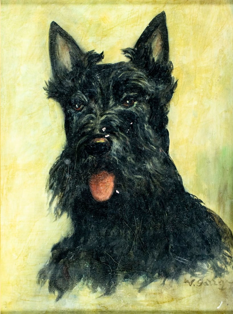 Vintage mid 20C American oil painting signed: ARTIST: - (American, mid 20 century) TITLE: Scottish Terrier Dog MEDIUM: oil on canvas board CONDITION: Some scratches/paint losses. Minor craquelure. No visible inpaint u
