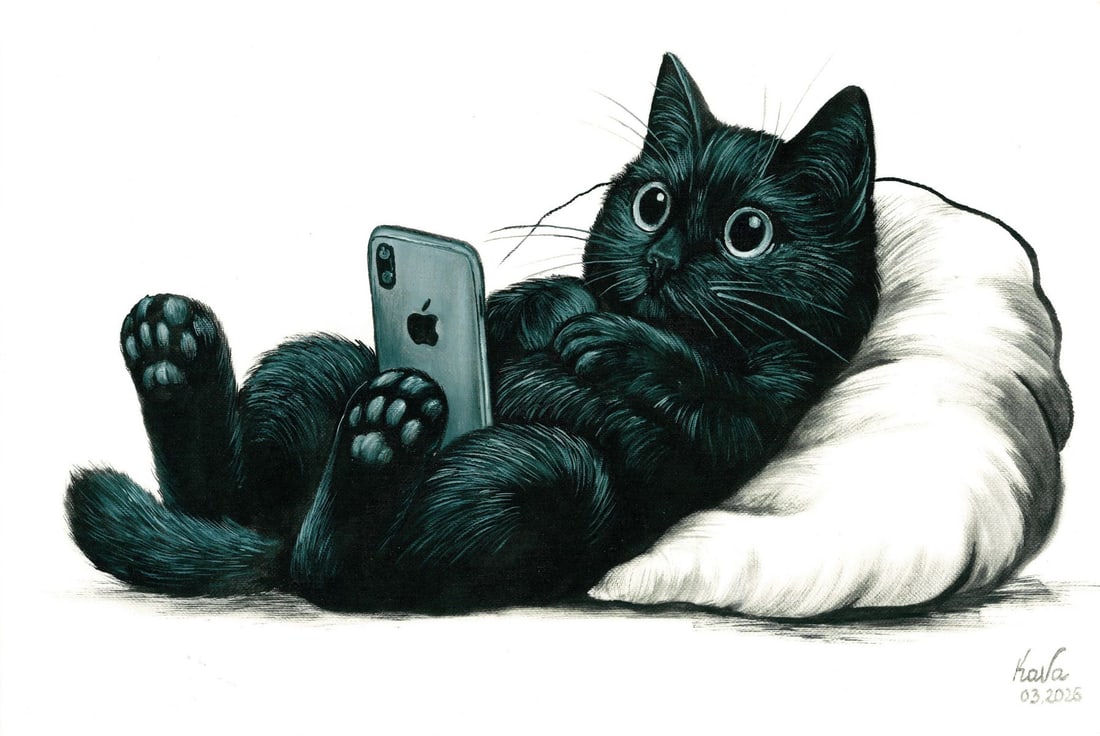 Valeria Kaydan (Ukraine,20/21C) oil painting: ARTIST: Valeria Kaydan (Ukrainian, 20/21 centuries) TITLE: Cat with Phone MEDIUM: oil on heavy paper CONDITION: Very good. No visible inpaint under UV light. ART