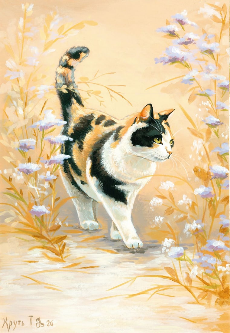 Tatiana Krut (Ukraine,20/21C) acrylic painting: ARTIST: Tatiana Krut (Ukrainian, 20/21 centuries) TITLE: Calico Cat with Flowers MEDIUM: acrylic on heavy paper CONDITION: Very good. ART SIZE: 13 x 9 in