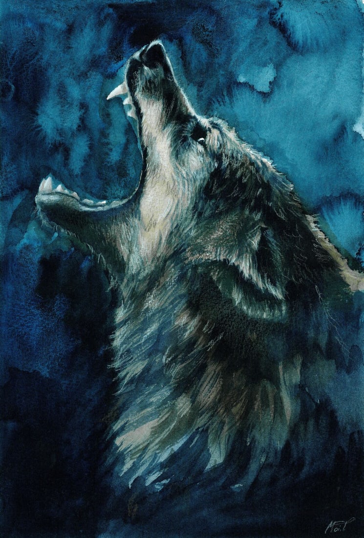 Tatiana Moiseenko (Ukraine,b 1997) watercolor painting: ARTIST: Tatiana Moiseenko (Ukrainian, born 1997) TITLE: Howling Wolf MEDIUM: watercolor on heavy paper CONDITION: Very good. ART SIZE: 12 x 8 inches / 30