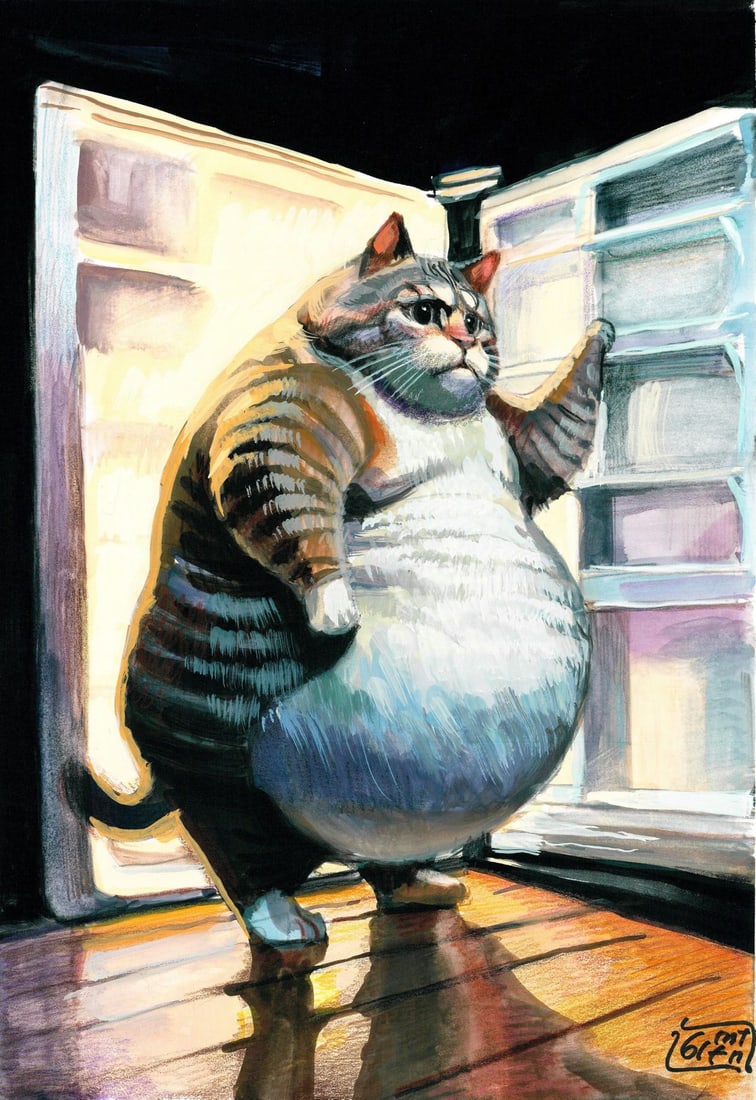Halyna Yeromenko Afana (Ukraine,20/21C) acrylic painting: ARTIST: Halyna Yeromenko Afana (Ukrainian, 20/21 centuries) TITLE: Cat at Refrigerator MEDIUM: acrylic on heavy paper CONDITION: Very good. ART SIZE: 12