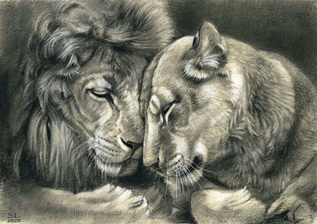 Lyudmila Siabro (Ukraine,20/21C) pastel painting: ARTIST: Lyudmila Siabro (Ukrainian, 20/21 centuries) TITLE: Lions MEDIUM: pastel on heavy paper CONDITION: Very good. ART SIZE: 12 x 17 inches / 30 x 43
