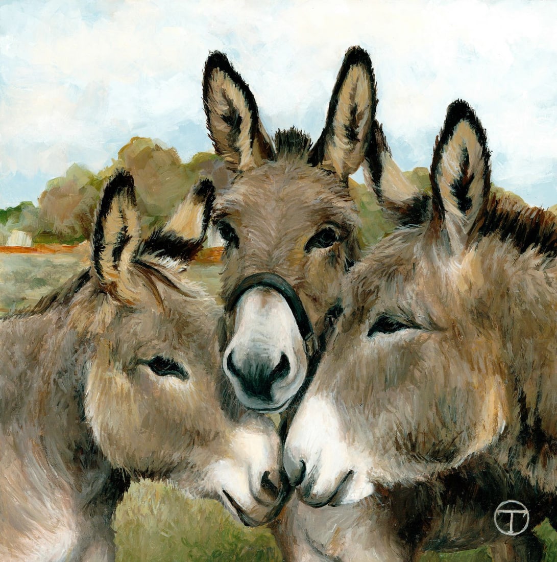 Olia Tomkova (Ukraine,20/21C) acrylic painting: ARTIST: Olia Tomkova (Ukrainian, 20/21 centuries) TITLE: Three Donkeys MEDIUM: acrylic on board CONDITION: Very good. ART SIZE: 12 x 12 inches / 30 x 30