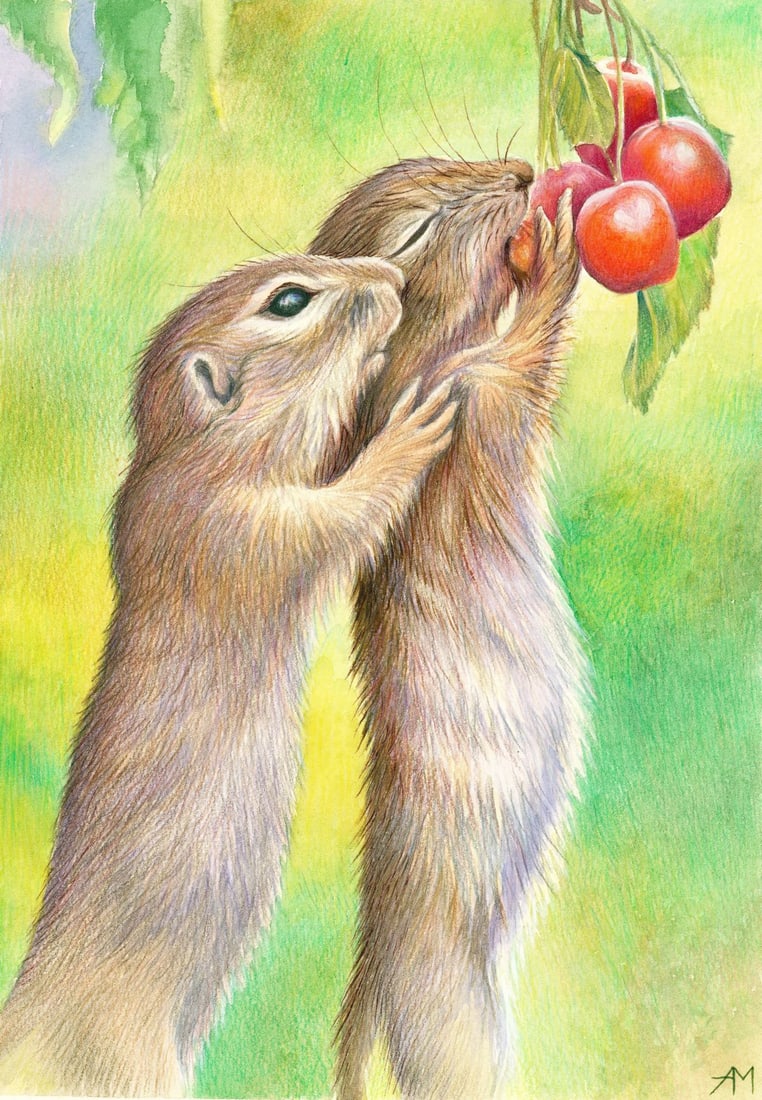 Anastasia Molodchikova (Ukraine,20/21C) colored pencil painting: ARTIST: Anastasia Molodchikova (Ukrainian, 20/21 centuries) TITLE: Groundhogs (titled on verso) MEDIUM: colored pencil on heavy paper CONDITION: Very good. ART SI