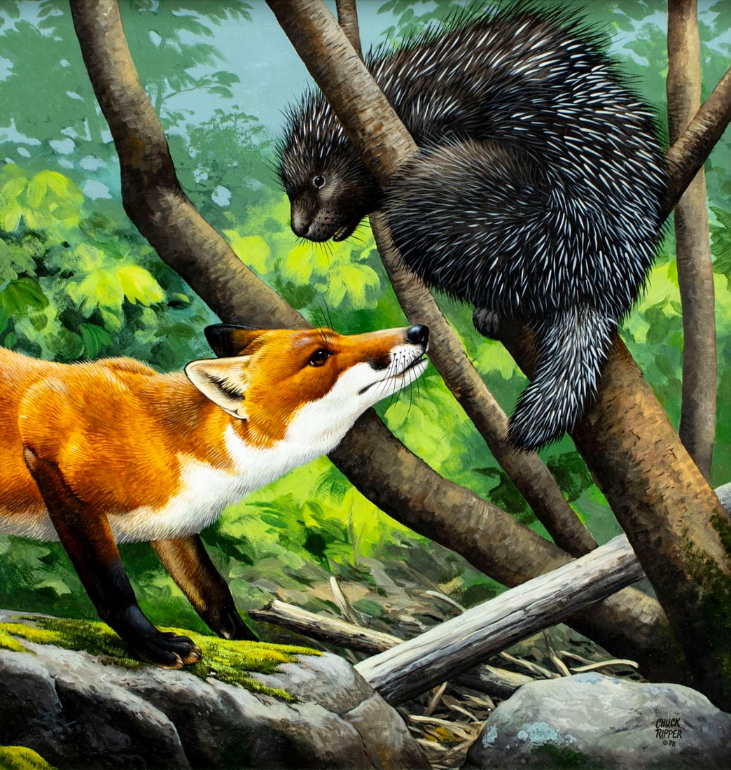 Chuck Ripper (WV,PA,1929-2019) oil painting: ARTIST: Chuck Ripper (West Virginia, Pennsylvania, 1929 - 2019) TITLE: Fox and Porcupine YEAR: 1978 MEDIUM: oil on board CONDITION: Very good. No visib