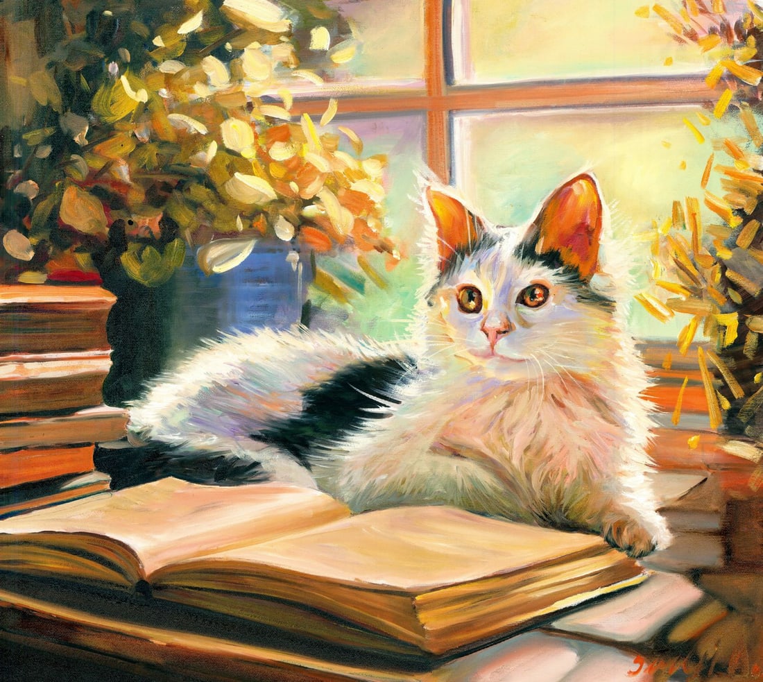 Alex Siryi (Ukraine,b 1997) oil painting: ARTIST: Alex Siryi (Ukraine, born 1997) TITLE: Cat with Book MEDIUM: oil on canvas CONDITION: Unstretched (In-House stretching available). Very good. No visible inpaint unde