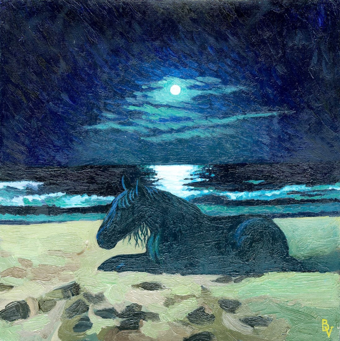 Victoria Borisova (Ukraine,20/21C) oil painting: ARTIST: Victoria Borisova (Ukrainian, 20/21 centuries) TITLE: Horse Sleeping on the Beach - Night Freedom (titled on verso) MEDIUM: oil on heavy paper CONDITION: Few minor p
