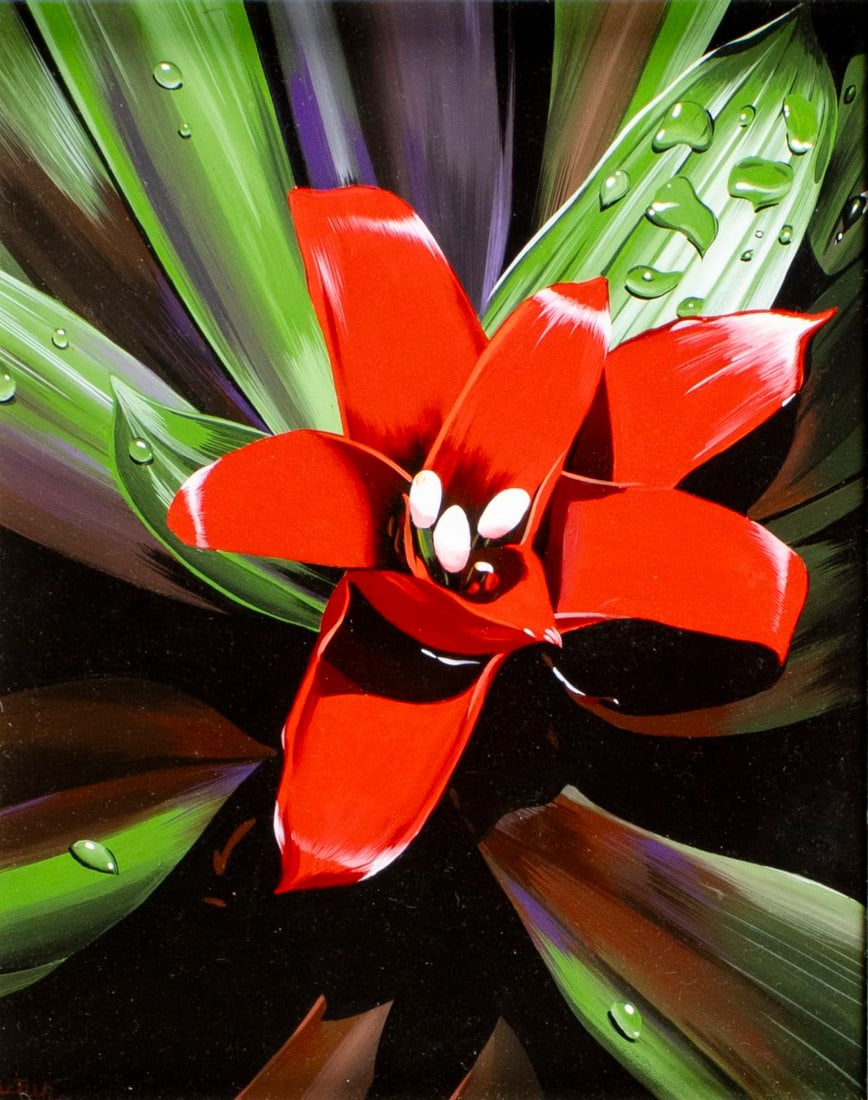 Ilkin Deniz (Turkey,FL,b 1961) acrylic painting: ARTIST: Ilkin Deniz (Turkish, Florida, born 1961) TITLE: Red Flower MEDIUM: acrylic on board CONDITION: Very good. No visible inpaint under UV light. ART SIZE:</