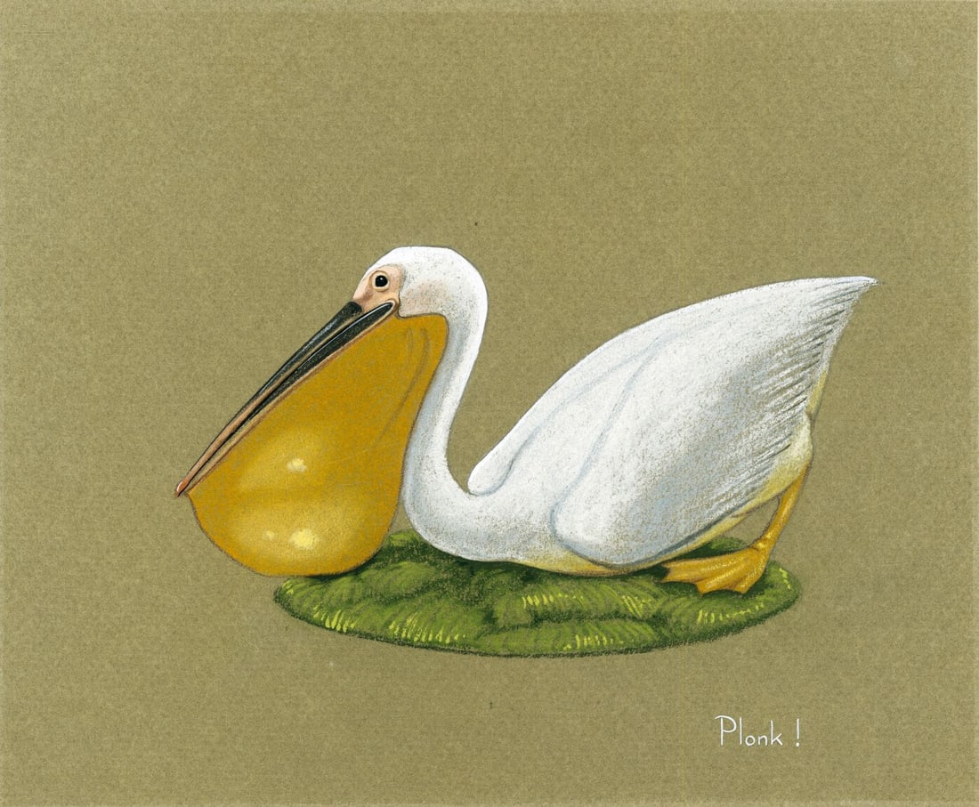 Deborah Bell Jarratt (PA,20/21C) pastel painting: ARTIST: Deborah Bell Jarratt (Pennsylvania, 20/21 centuries) TITLE: Pelican Bird - Plonk YEAR: 1980s MEDIUM: pastel on paper. Paper applied to board. CONDITION:</