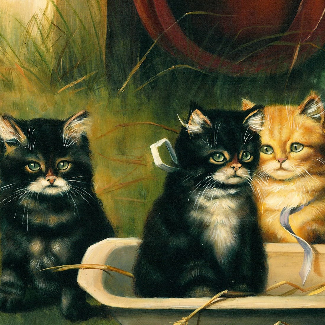 Adrienne Lester (UK,20C) oil painting: ARTIST: Adrienne Lester (United Kingdom, 20 century) TITLE: Kittens MEDIUM: oil on canvas CONDITION: Unstretched (In-House stretching available). Few minor paint losses. No