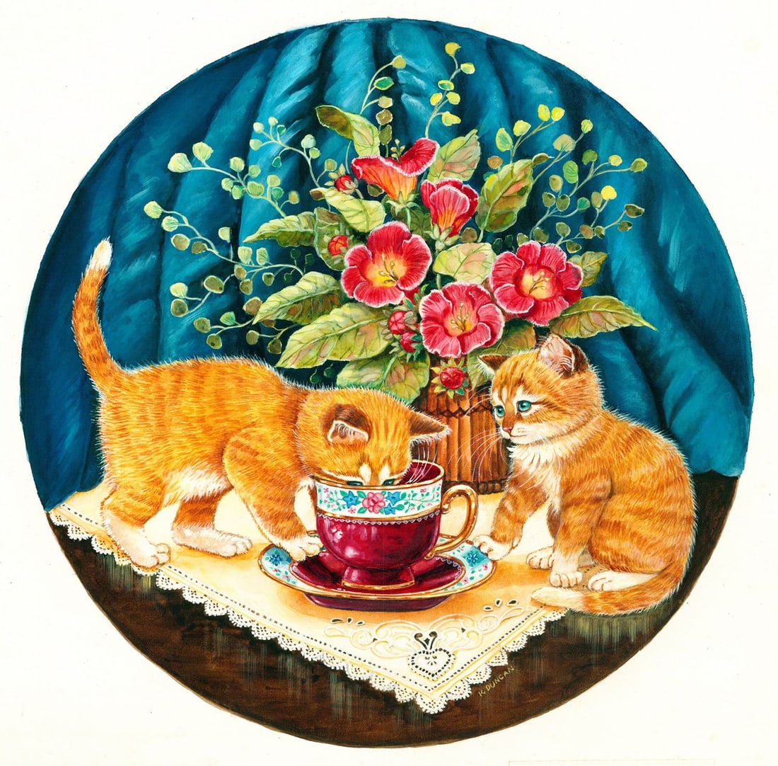 ATTR Kathleen Smith-Fitzpatrick (NC,20C) watercolor painting: ARTIST: ATTRIBUTED TO Kathleen Smith-Fitzpatrick (North Carolina, 20 century) TITLE: Two Kittens YEAR: 1980s MEDIUM: watercolor on board CONDITION: Minor