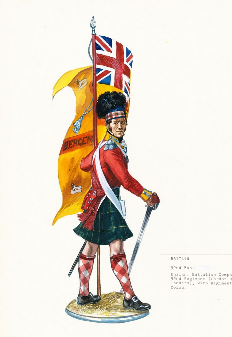 Gerry Embleton (UK,1941-?) gouache painting: ARTIST: Gerry A Embleton (United Kingdom, 1941 - ???) TITLE: Soldier- Battalion Company, 92nd Foot, Gordon Highlanders, UK MEDIUM: gouache on board CONDITION: Minor damage