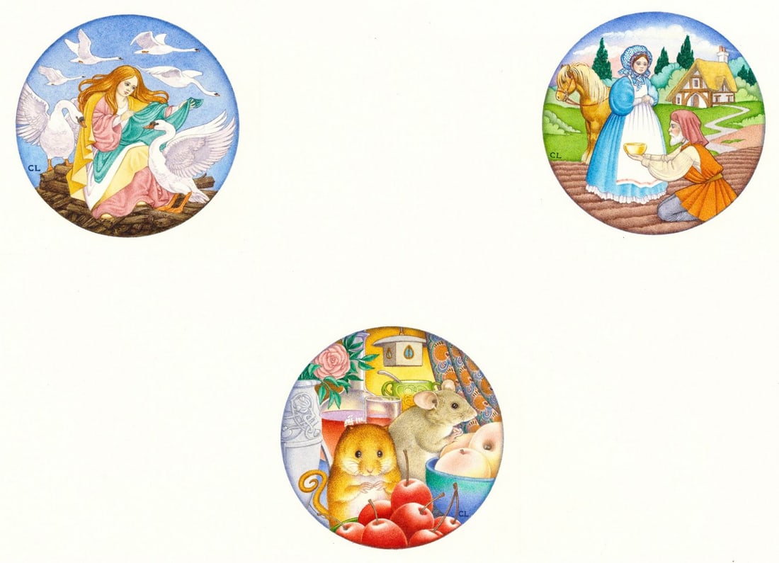 Carol Lawson (UK,20/21C) watercolor painting: ARTIST: Carol Lawson (United Kingdom, 20/21 centuries) TITLE: The Six Swans, Peasants Wise Daughter, The Town Mouse and the Country Mouse (titled on verso) YEAR: 1983 MEDIUM: