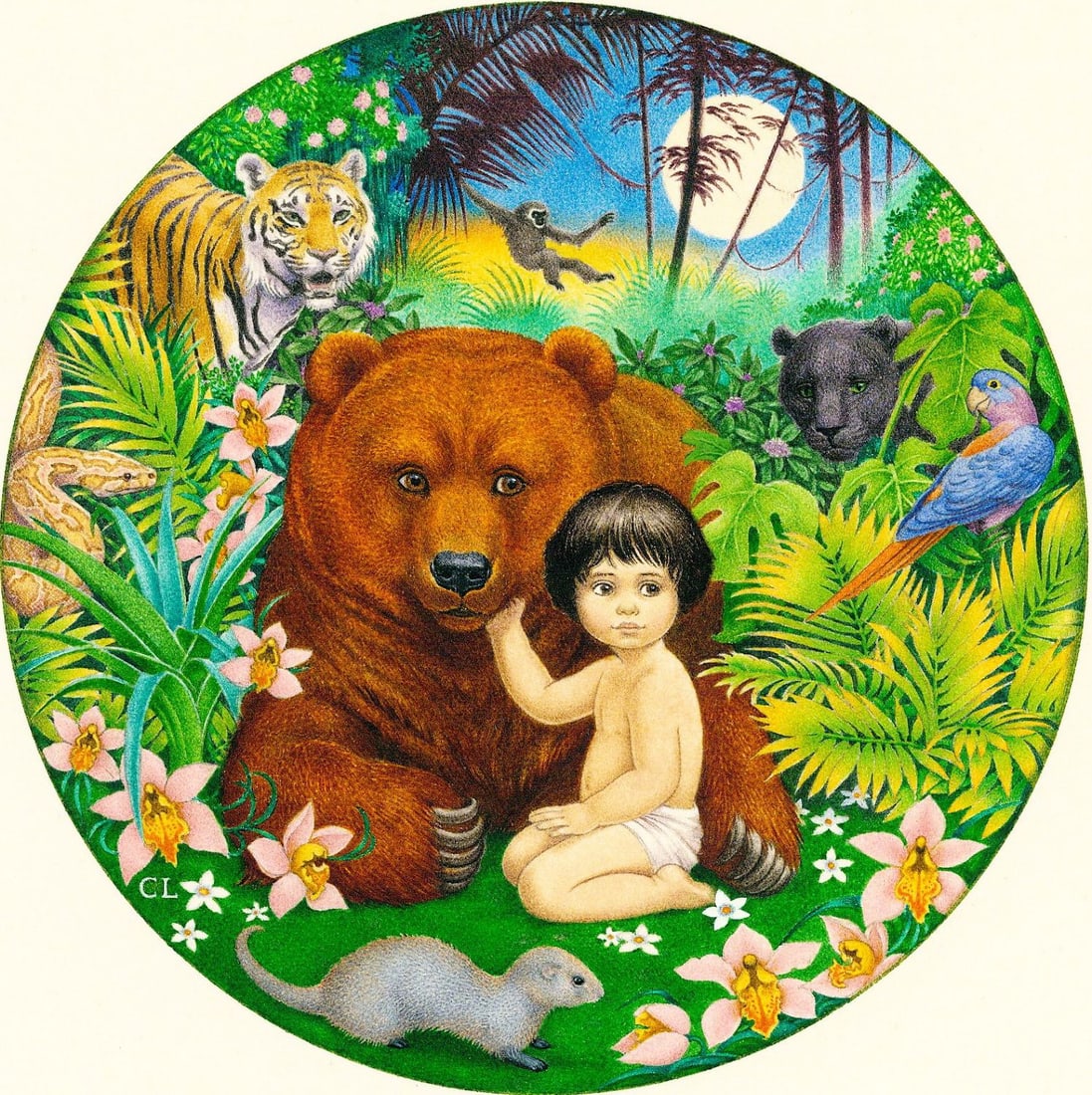 Carol Lawson (UK,20/21C) watercolor painting: ARTIST: Carol Lawson (United Kingdom, 20/21 centuries) TITLE: Jungle Book (titled on verso) YEAR: 1980s MEDIUM: watercolor on paper. Paper applied to board. CONDI