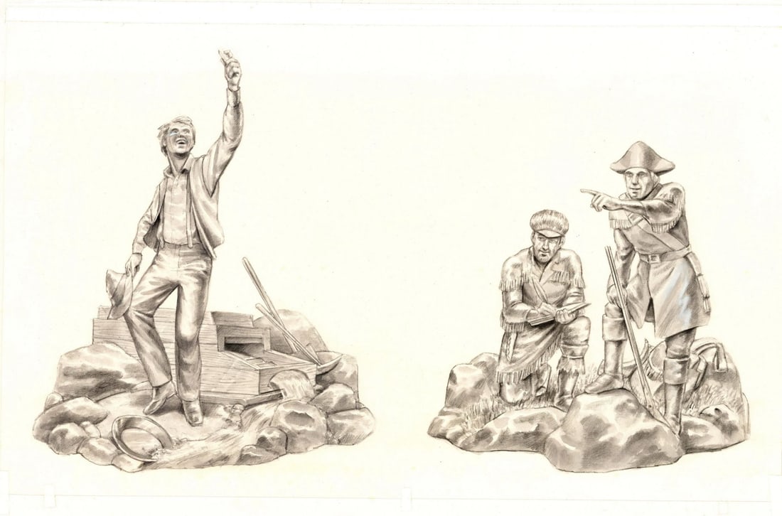 DePersico (PA,20C) watercolor painting: ARTIST: DePersico (Pennsylvania, 20 century) TITLE: Miners Sculptures MEDIUM: watercolor on paper. Paper applied to board. CONDITION: Minor foxing. ART SIZE:
